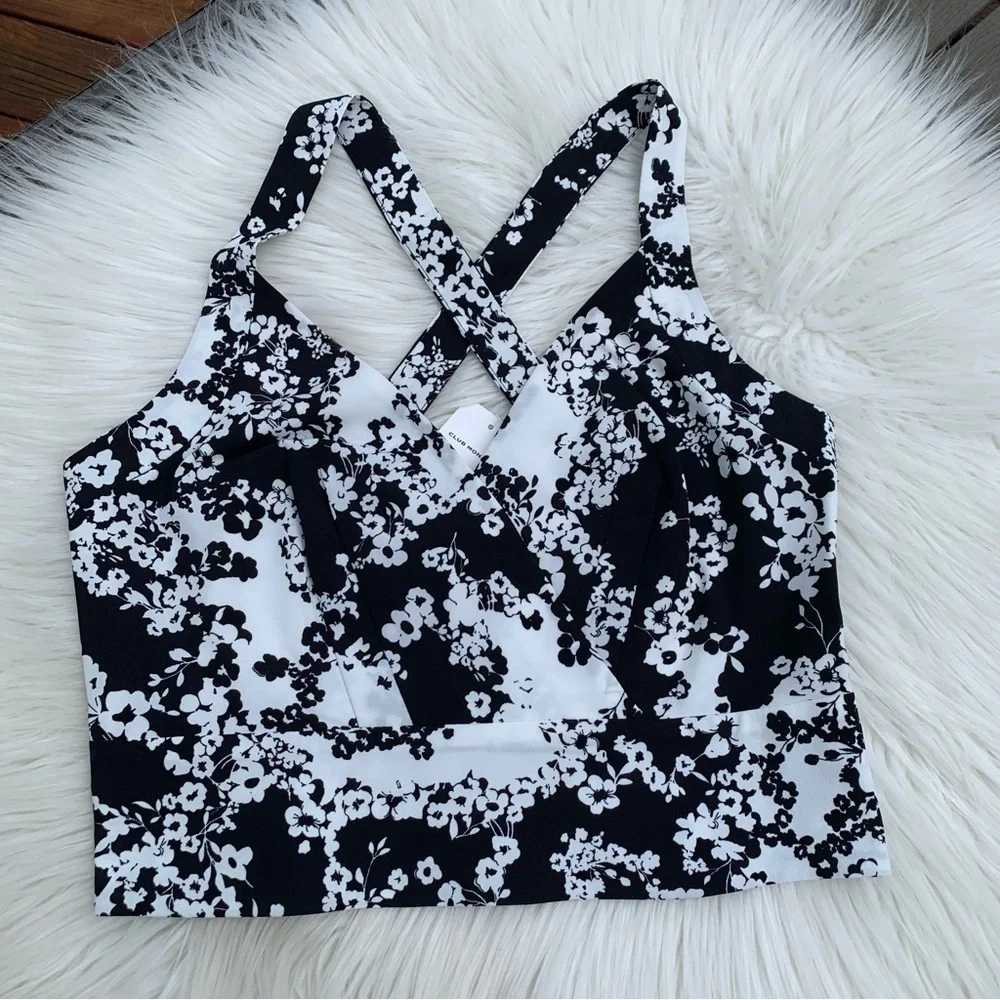 NWT Club Monaco Women’s Black and White Floral Crisscross Strap Top Size 6 - Picture 7 of 14